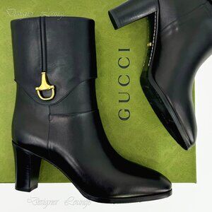 NEW GUCCI Elizabeth Half Horsebit Black Leather Mid-Calf Boots EU 38.5 / US 8.5